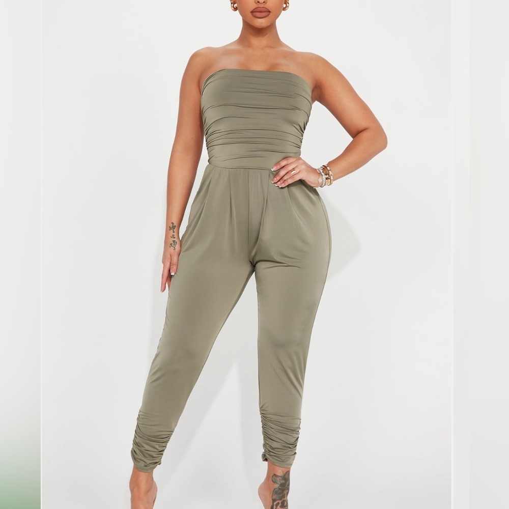 Fashion Nova Strapless Sage Jumpsuit